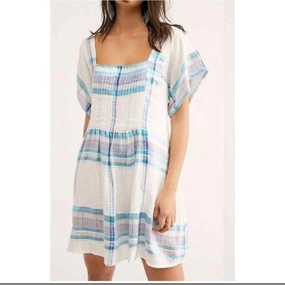 Free People Barcelona Shimmer Plaid Mini Dress Metallic Sparkle Boho Beach Large - Picture 1 of 12